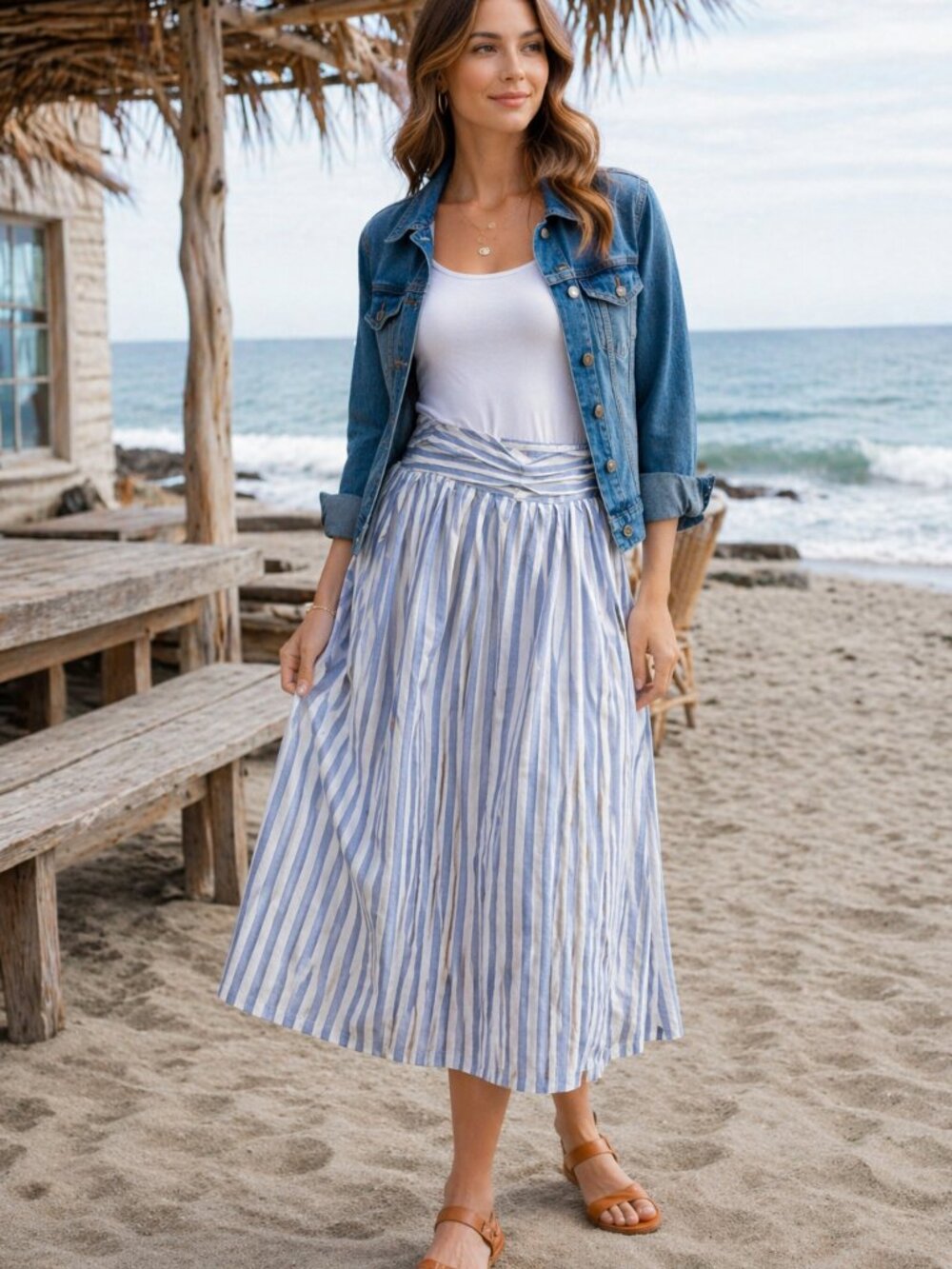 Doe & Rae Blue White Striped Midi Skirt | Cotton Lined Elastic Waist Boho Summer